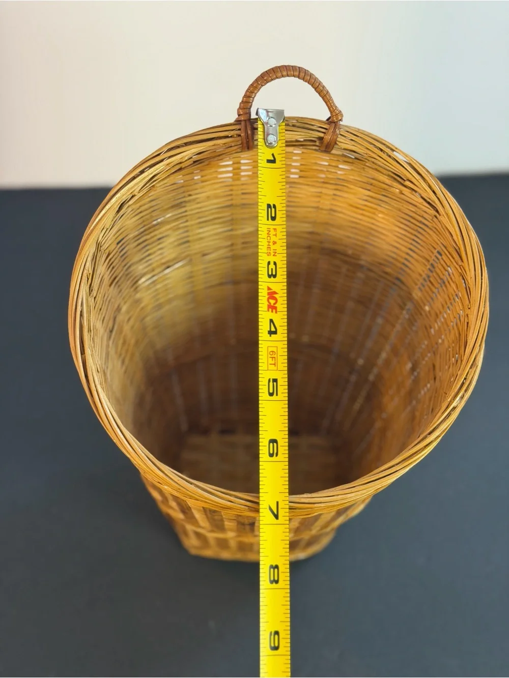 Vintage Hanging Tortoise Shell Woven Bamboo Basket Vintage 10x7in Boho Decor